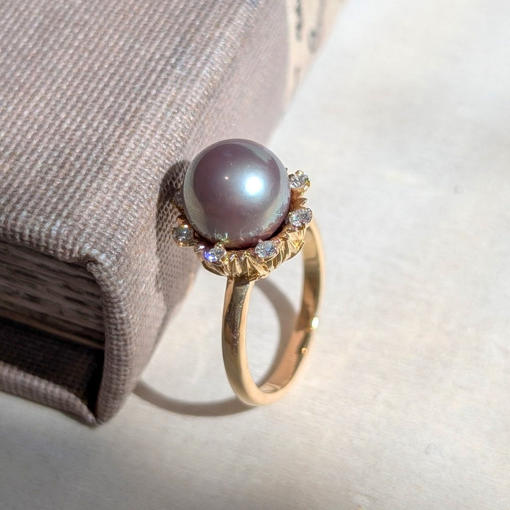 Tahitian Pearl & Diamond Halo Ring in 14K Yellow Gold