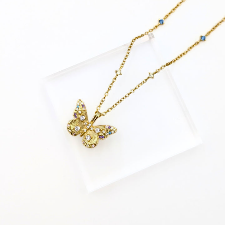 Multicolored Cubic Zirconia Butterfly Necklace in Gold Over Sterling Silver