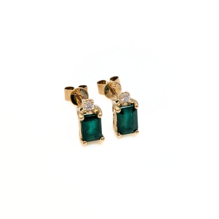 Emerald-Cut Emerald & Round Brilliant Diamond Accent Stud Earrings in 14K Yellow Gold