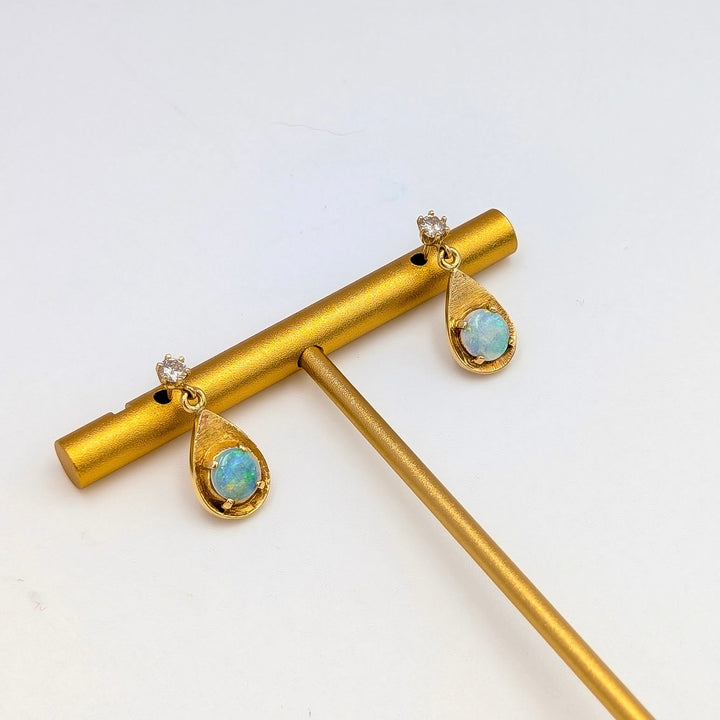 Vintage Opal & Diamond Earrings in 14K Yellow Gold