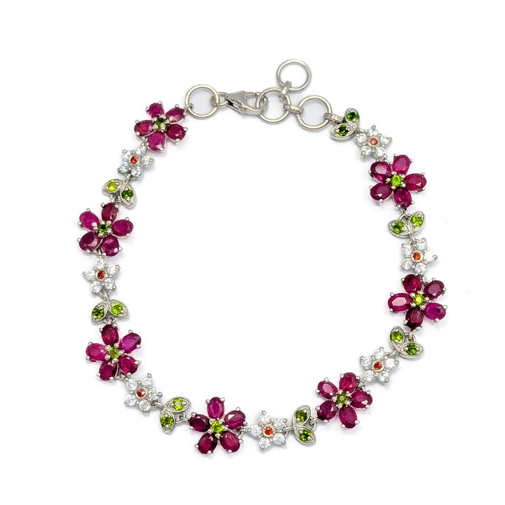 Ruby & Green Chrome Diopside Floral Bracelet with Clear Tourmaline Accents in Sterling Silver
