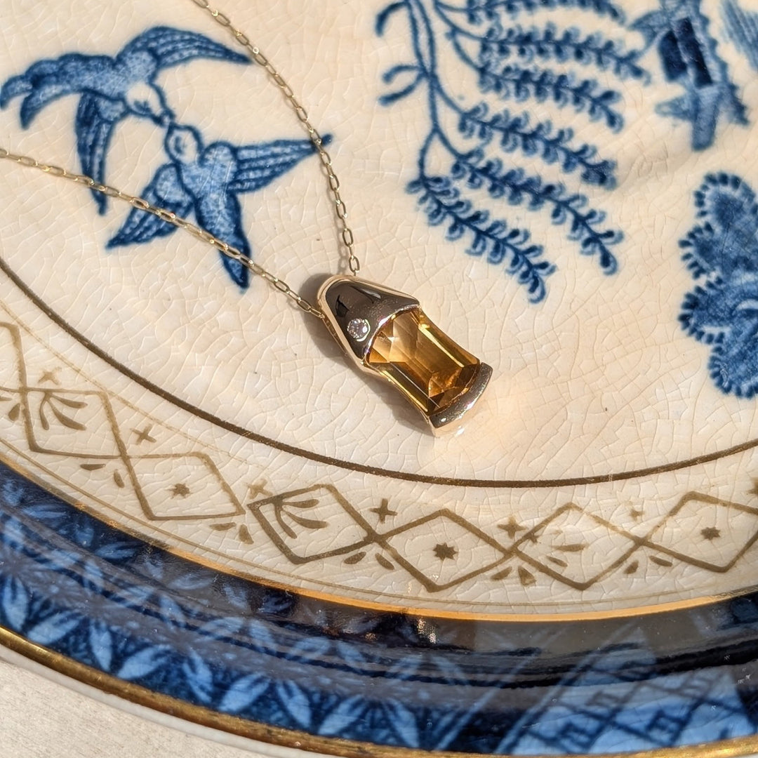 Vintage Citrine & Diamond Necklace in 14K Yellow Gold