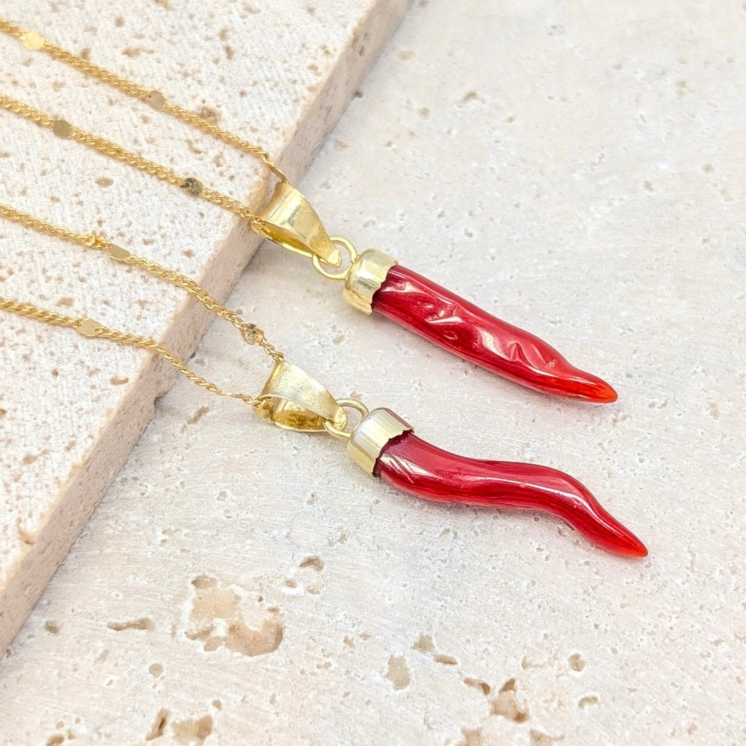 Red Coral Cornicello Pendant Necklace in Gold Over Sterling Silver