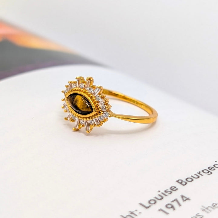 Tiger’s Eye & Cubic Zirconia Ring in 18k Gold over Sterling Silver