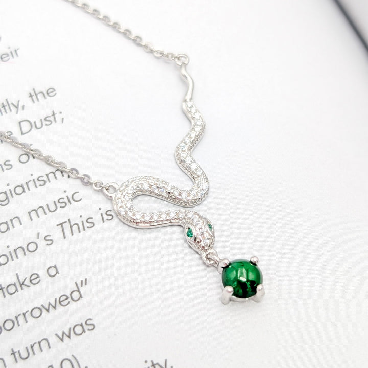 Jadeite & Clear Tourmaline Snake Necklace in Sterling Silver