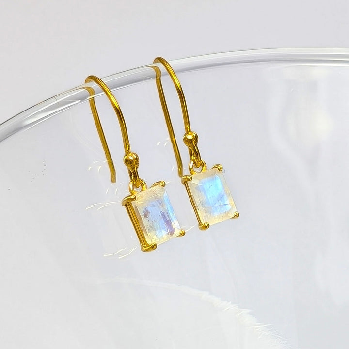 Rainbow Moonstone Dangle Earrings in 18K Gold Plated over Sterling Silver