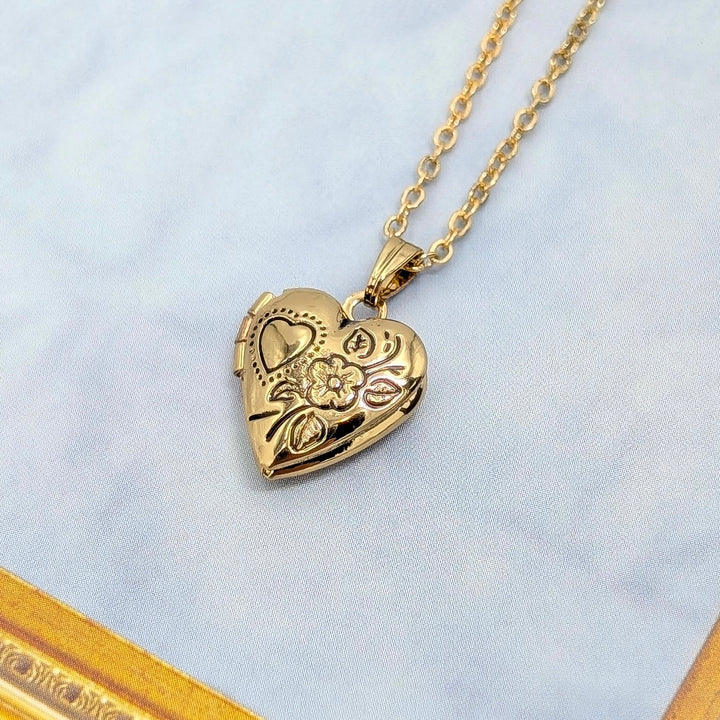 Floral Etched Gold Heart Locket Necklace in Gold Tone Metal