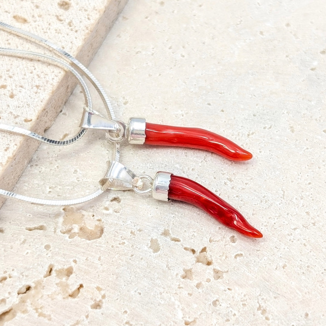 Red Coral Cornicello Pendant Necklace in Sterling Silver