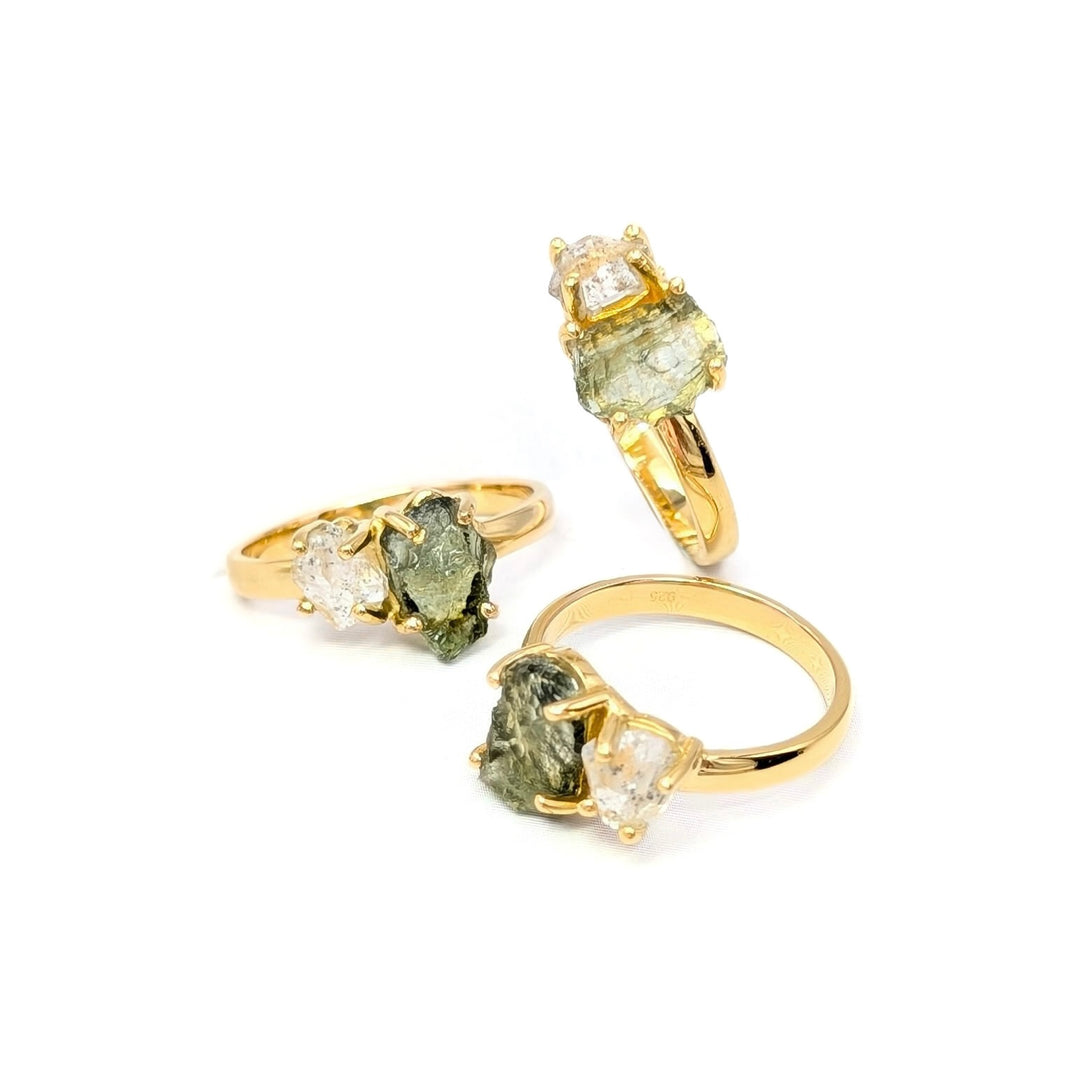 Raw Moldavite & Herkimer Quartz Rings in 18K Gold over Sterling Silver