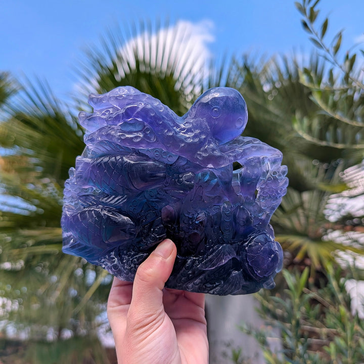 Rainbow Fluorite Ocean Life Carved Octopus, Fish, & Sea Turtle Sculpture