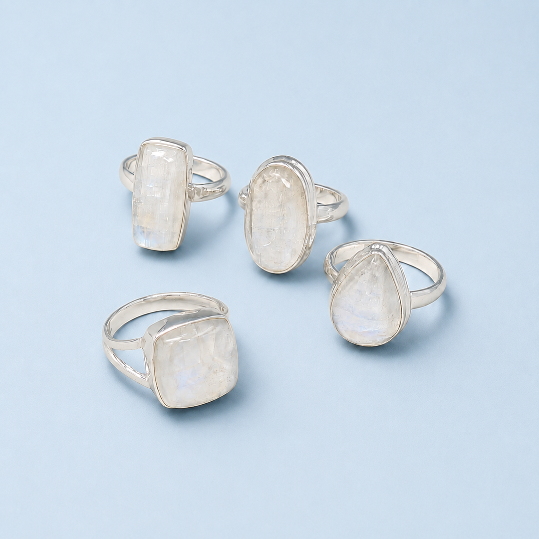 Bezel Set Rainbow Moonstone Ring in Sterling Silver