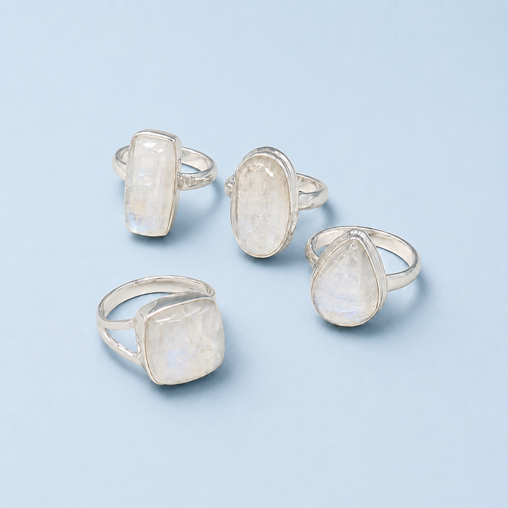 Bezel Set Rainbow Moonstone Ring in Sterling Silver