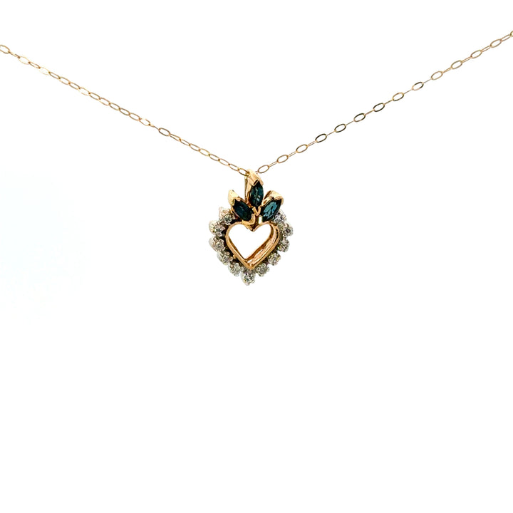 Vintage Blue Sapphire & Diamond Heart Necklace in 14K Gold