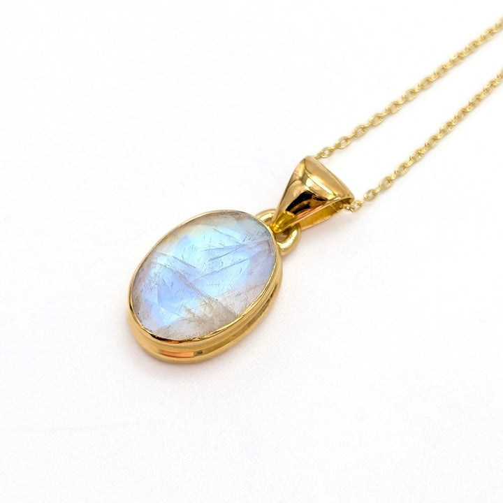 Faceted Rainbow Moonstone Gold Plated Necklace in Sterling Silver