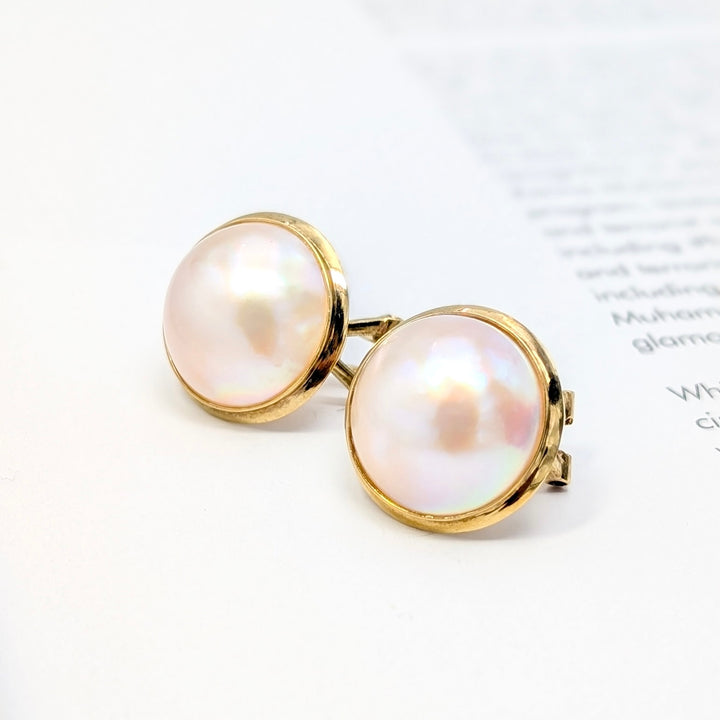 Vintage Mabe Pearl Earrings in 14K Yellow Gold