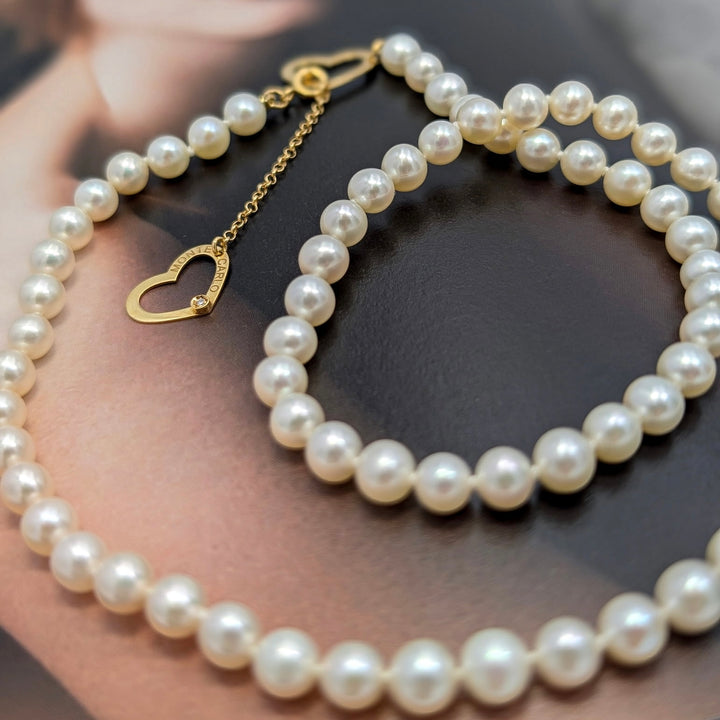 Cultured Pearl Necklace with Diamond Heart Clasp in 14k Yellow Gold