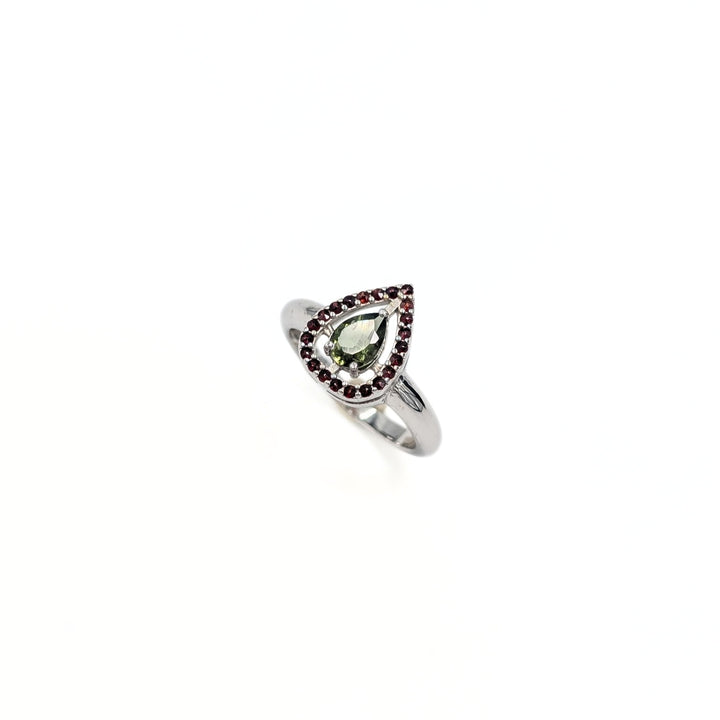 Moldavite & Garnet Ring in Sterling Silver
