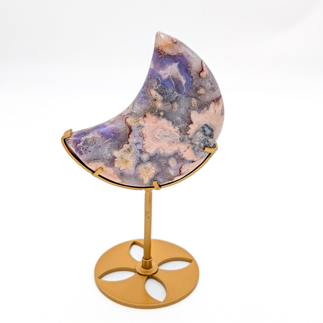 Flower Agate Crescent Moon on Metal Display Stand