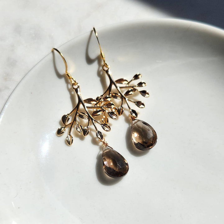 Smoky Quartz Tree Branch Earrings in 18K Gold Over Brass