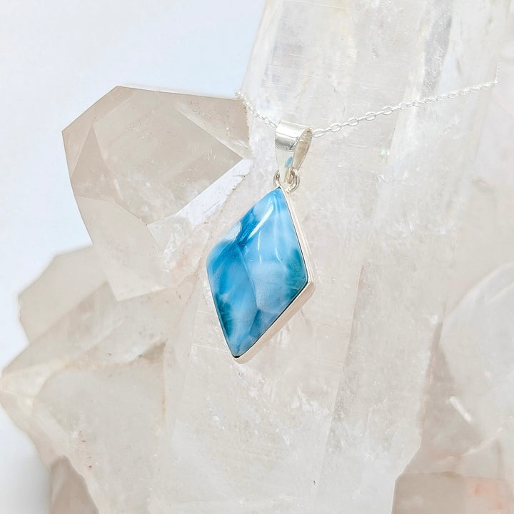 Polished Larimar Diamond Cabochon Necklace in Sterling Silver