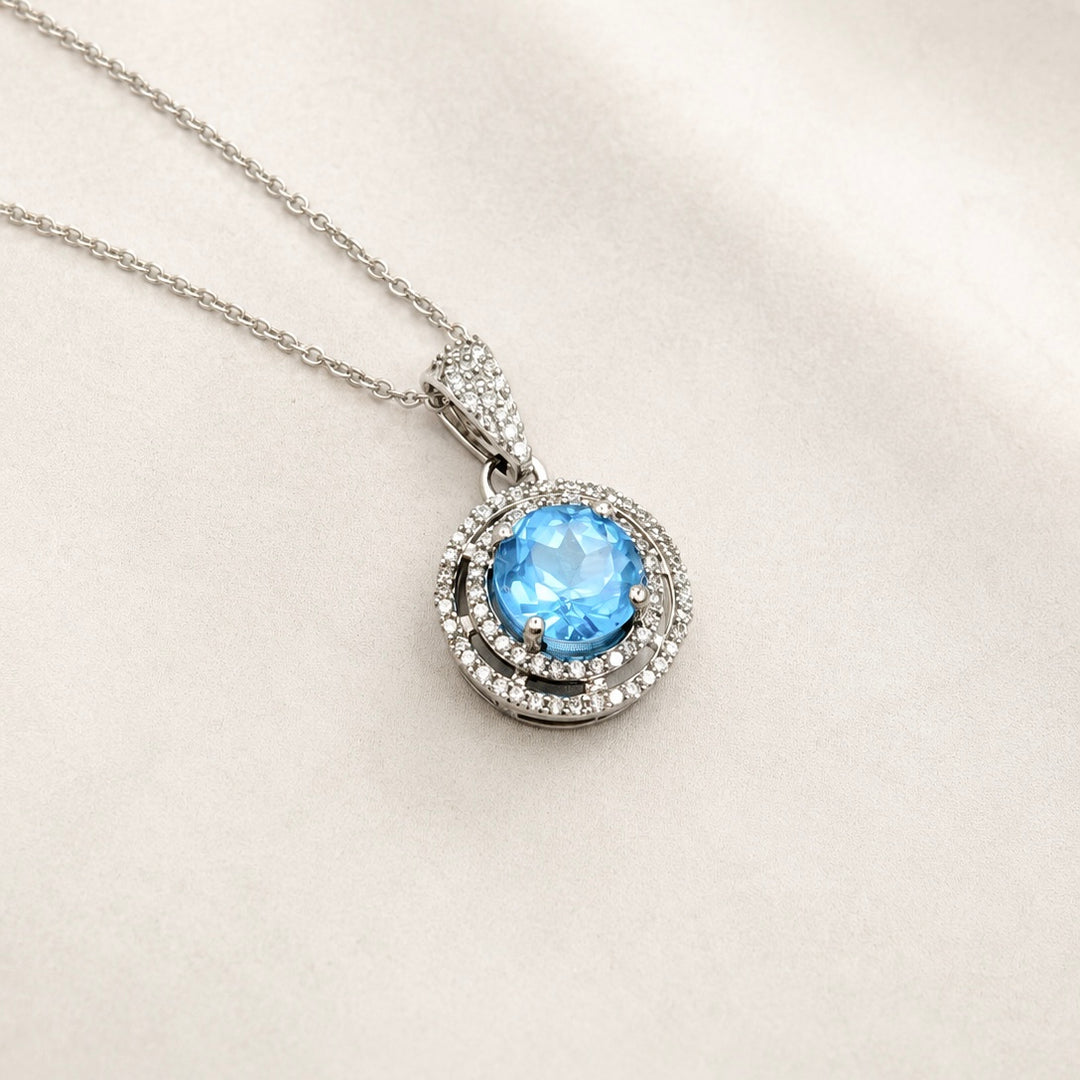 Vintage Blue Topaz & Diamond Necklace in 14K White Gold