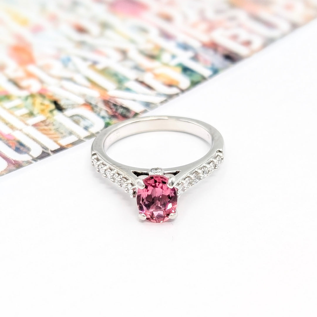 Vintage Pink Tourmaline & Diamond Ring in 18K White Gold