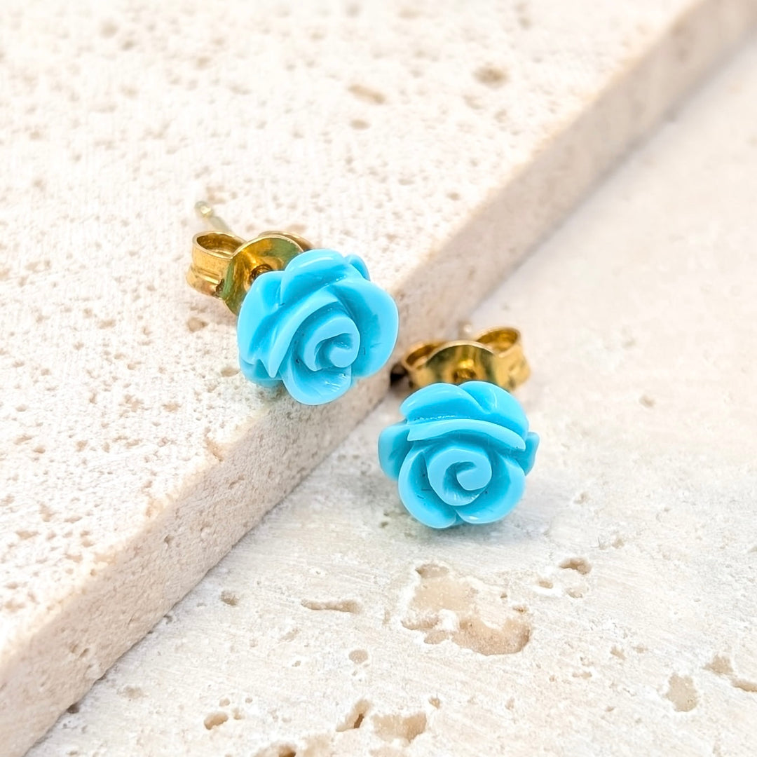Carved Rose Turquoise Stud Earrings in Gold Over Sterling Silver