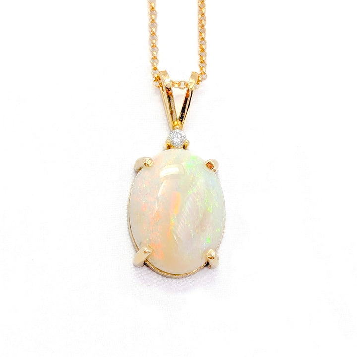 Australian White Opal & Diamond Pendant Necklace in 14K Yellow Gold