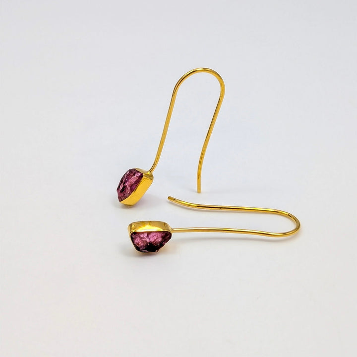 Raw Pink Tourmaline Drop Earrings in Gold over Sterling Silver
