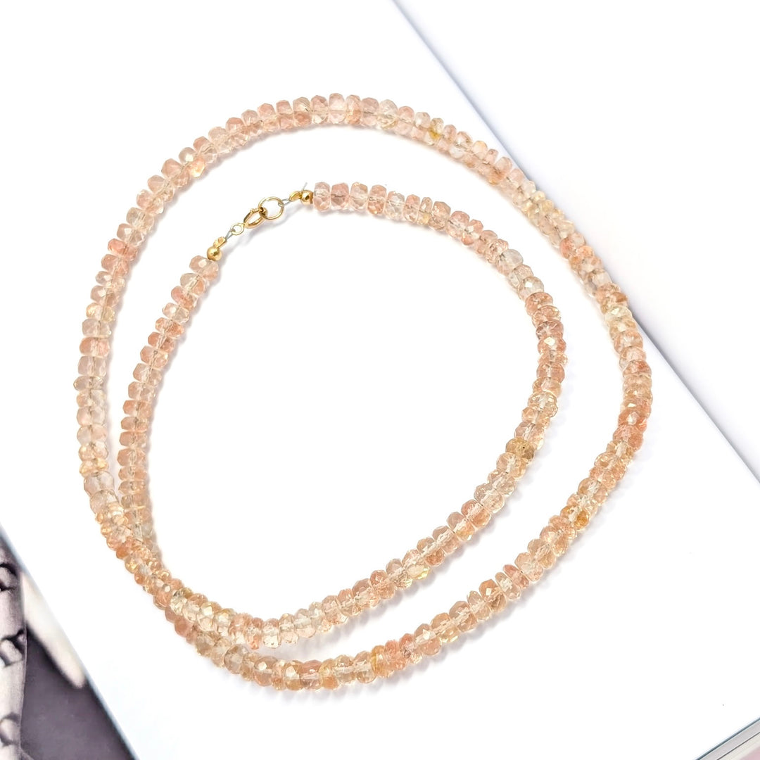 Faceted Rondelle Sunstone Gemstone Beaded Necklace with 14K Yellow Gold Clasp