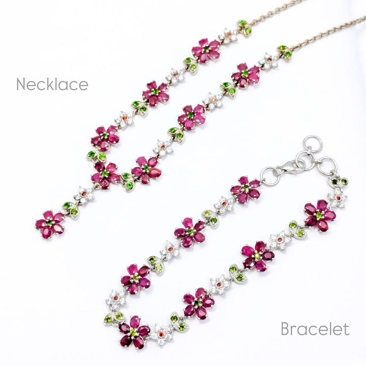 Ruby & Green Chrome Diopside Floral Bracelet with Clear Tourmaline Accents in Sterling Silver