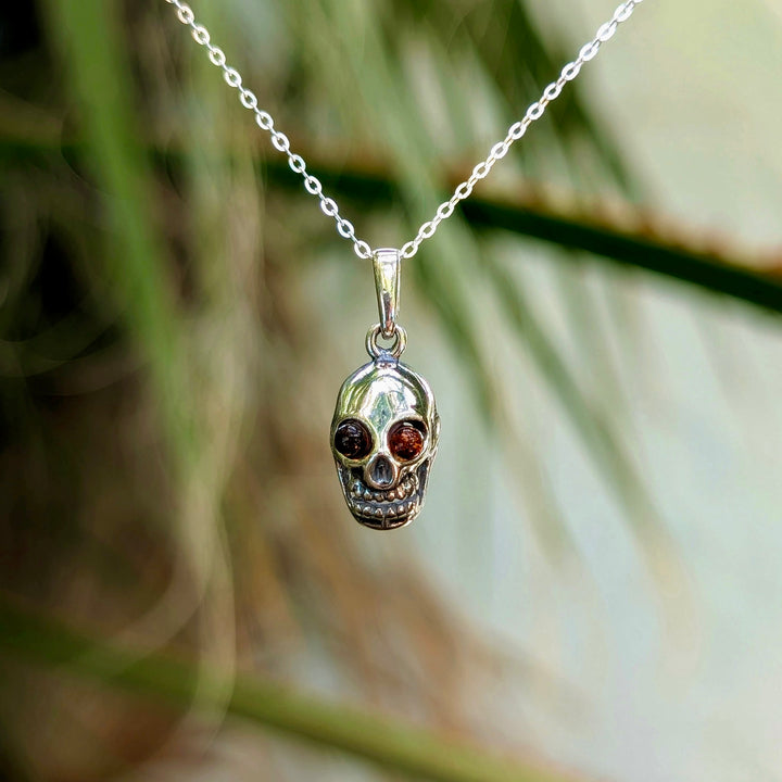 Amber Skull Necklace in Sterling Silver