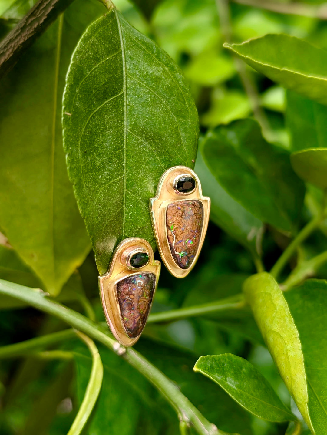 Vintage Green Tourmaline & Boulder Opal Earrings in 14k Yellow Gold