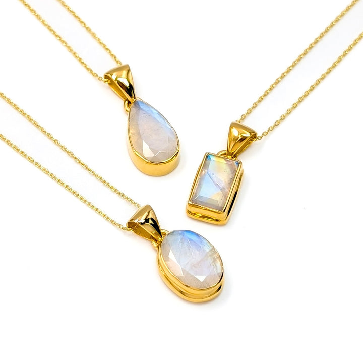 Faceted Rainbow Moonstone Pendant Necklace in 18K Gold-Plated Sterling Silver