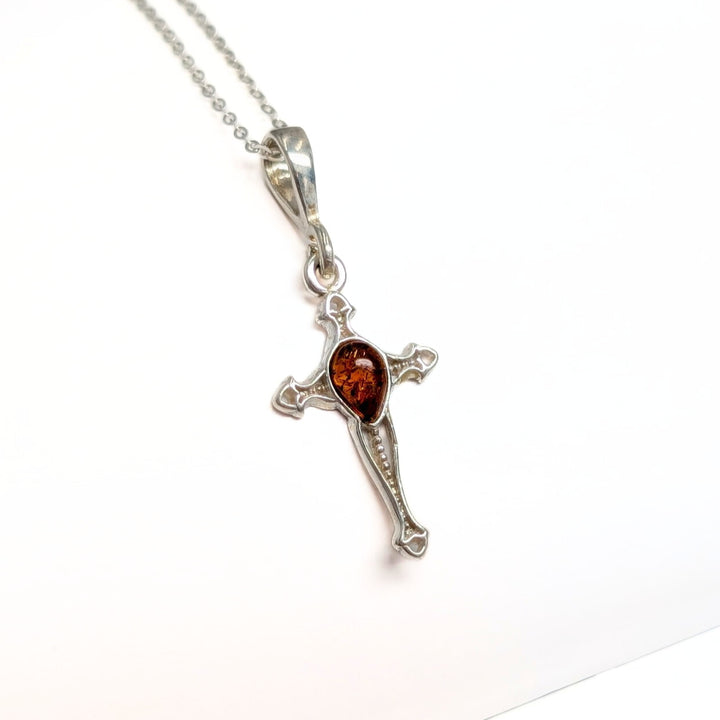 Amber Cross Necklace in Sterling Silver