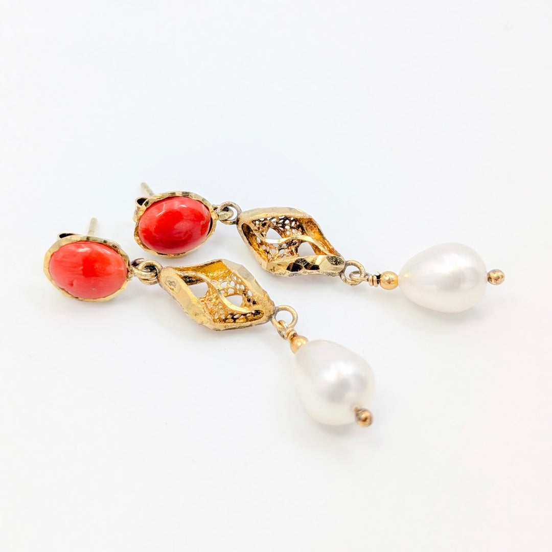 Red Coral & Pearl Dangle Earrings in Gold Over Sterling Silver