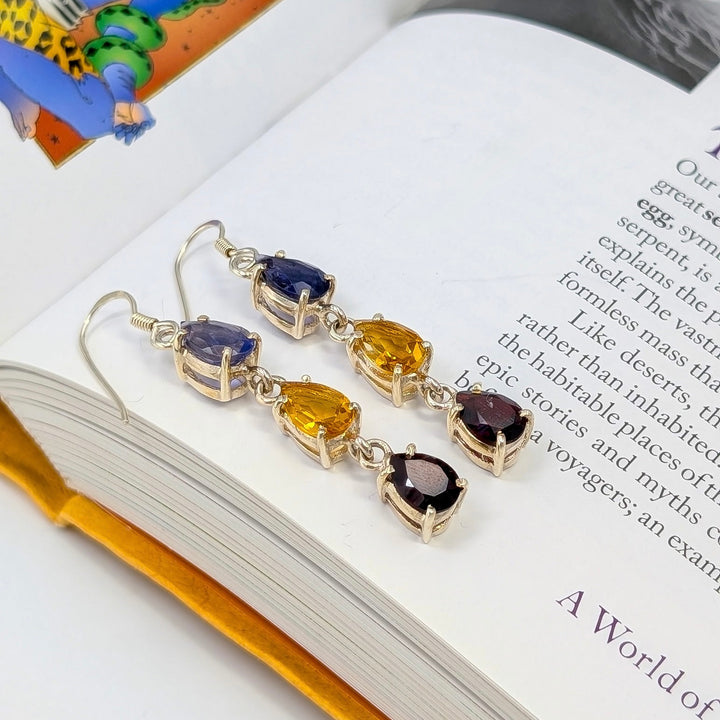 Amethyst, Citrine & Garnet Dangle Earrings in Sterling Silver