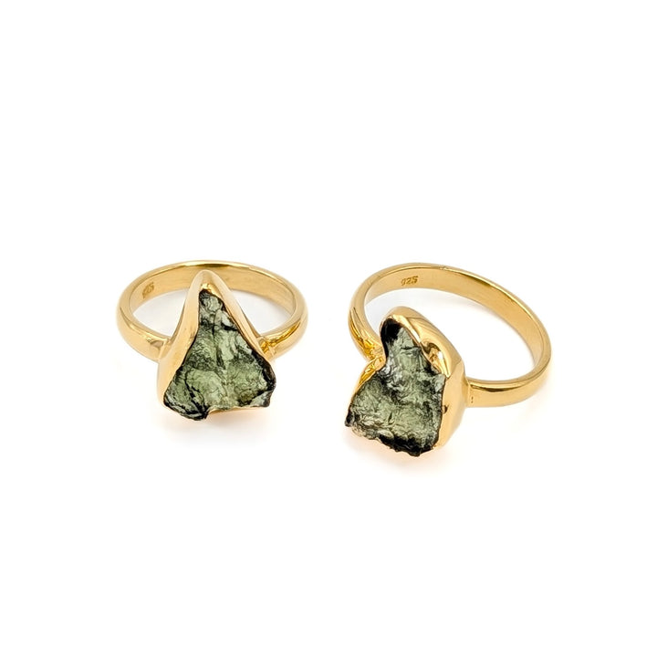 Raw Moldavite Bezel Set Ring in 18K Gold Over Sterling Silver