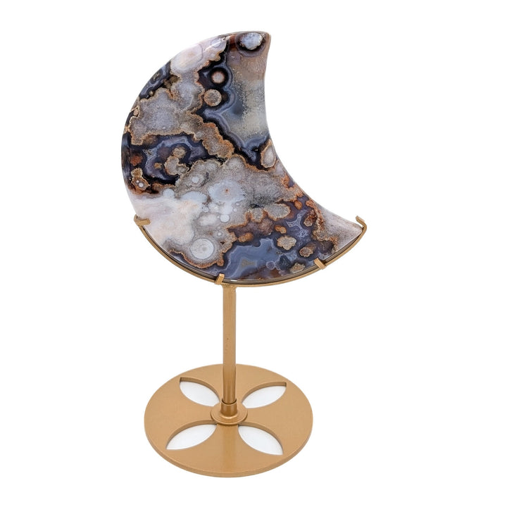 Flower Agate Crescent Moon on Metal Display Stand