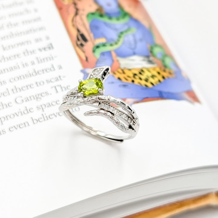 Peridot & Clear Zircon Snake Adjustable Ring in Sterling Silver