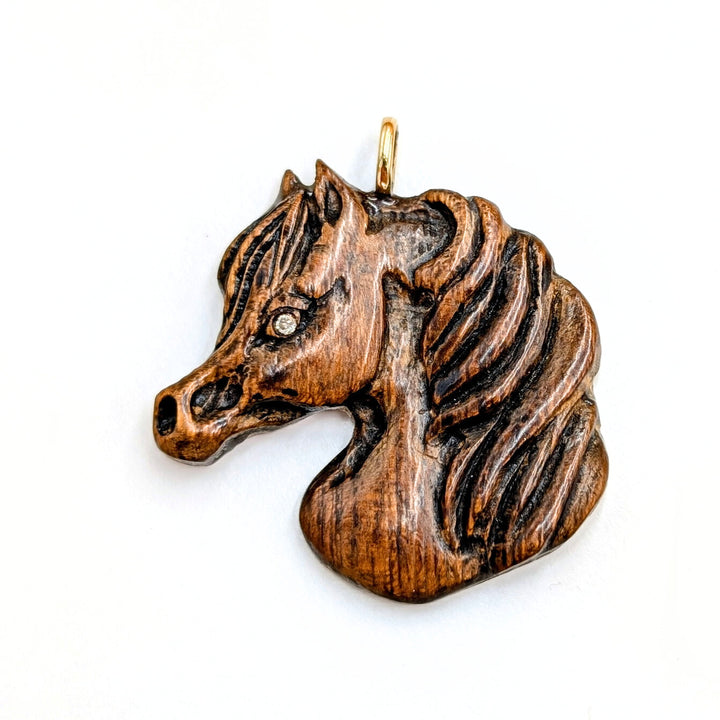 Vintage Carved Horse Pendant with White Topaz Eye in Sterling Silver & 14k Yellow Gold