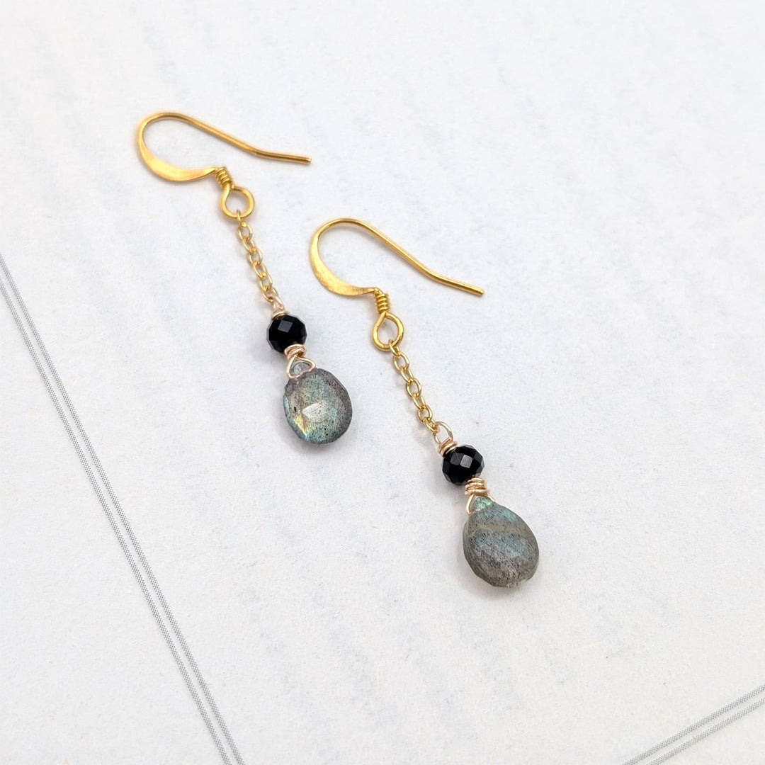 Labradorite & Black Onyx Dainty Chain Earrings in 18K Gold Over Brass