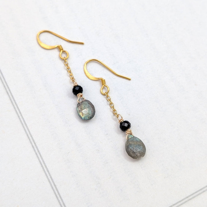 Labradorite & Black Onyx Dainty Chain Earrings in 18K Gold Over Brass