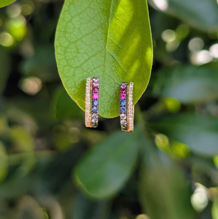 Multicolored Sapphire & Diamond Huggie Hoop Earrings in 14K Yellow Gold
