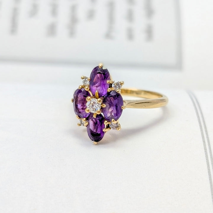 Vintage Amethyst & Diamond Floral Ring in 18K Yellow Gold