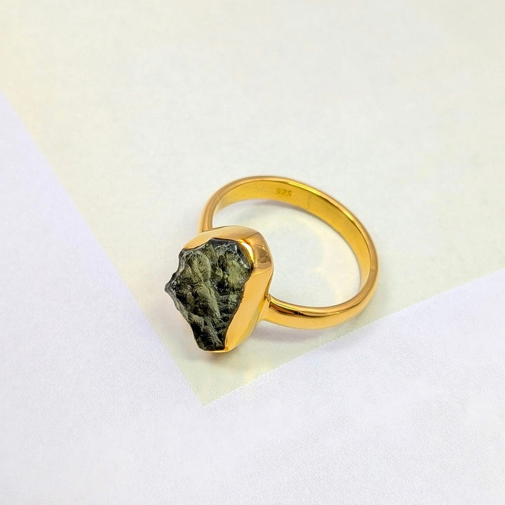 Raw Moldavite Bezel Set Ring in 18K Gold over Sterling Silver