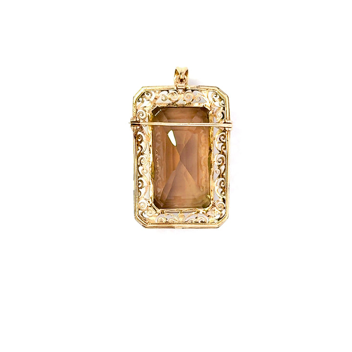 Vintage Smoky Quartz Pendant Brooch in 10K Filigree with 18K Gold Bail