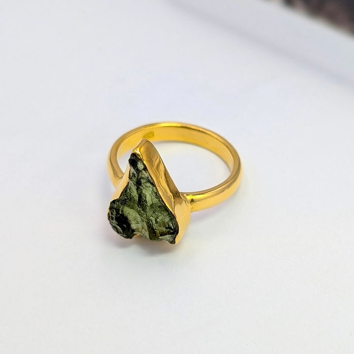 Raw Moldavite Bezel Set Ring in 18K Gold Over Sterling Silver