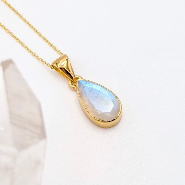 Faceted Rainbow Moonstone Gold Plated Necklace in Sterling Silver