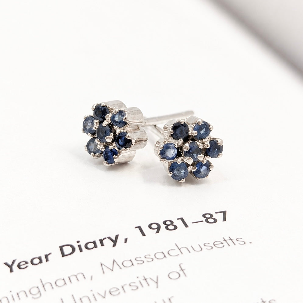 Vintage Blue Sapphire Cluster Earrings in 14K White Gold